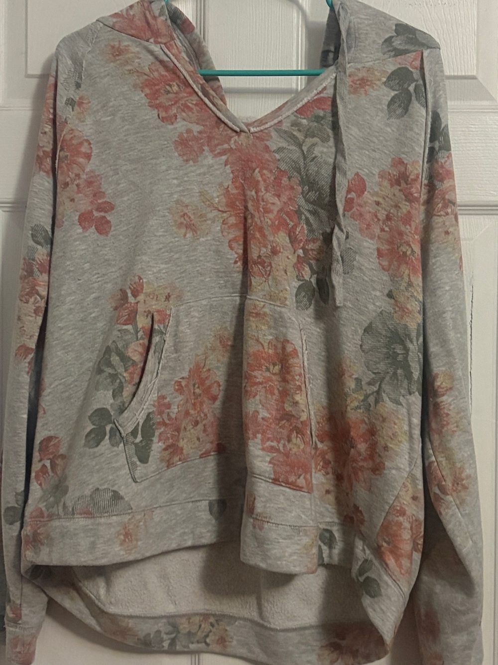 Maurices Heather Gray Floral Hoodie with Coral Blossoms and Sage Leaves
